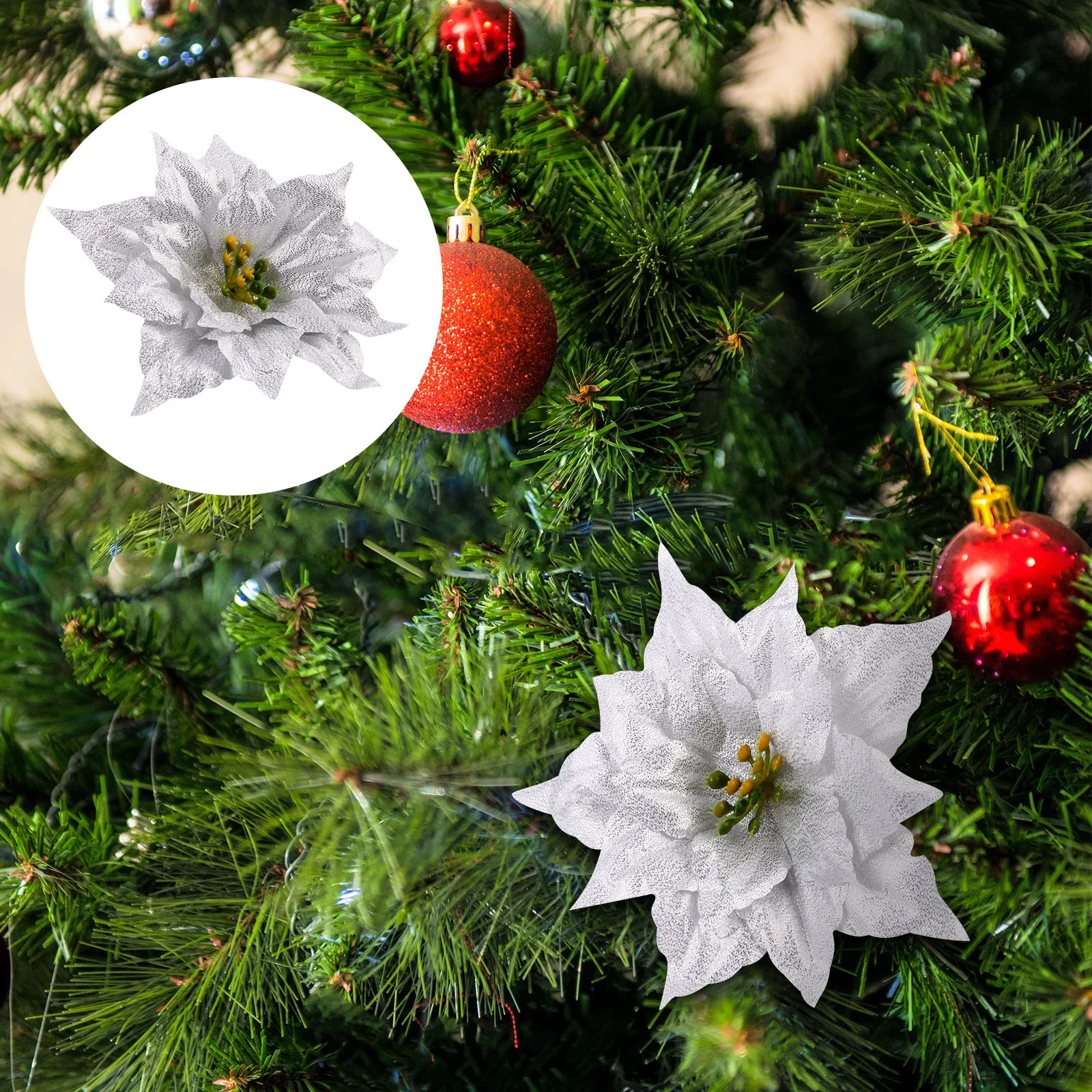 7 шт., Рождественские блестящие искусственные цветы Пуансеттия, наборы для рождественского венка, украшение для Рождественской елки (серебро)