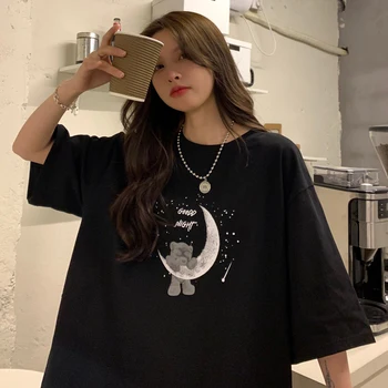 Женские футболки, топы, Японский каваи, Женская свободная футболка с принтом Ulzzang Moon Bear, женская Корейская одежда в стиле харадзюку для женщин