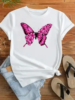Модная футболка с цветочным рисунком и бабочкой, графическая футболка с коротким рукавом, женская одежда, топ с принтом, женская одежда, футболка